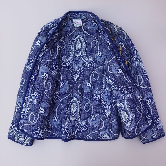 Vtg Chandni Boho Floral Quilted Jacket Women’s M Blue White Frog Button Indie - Picture 3 of 11